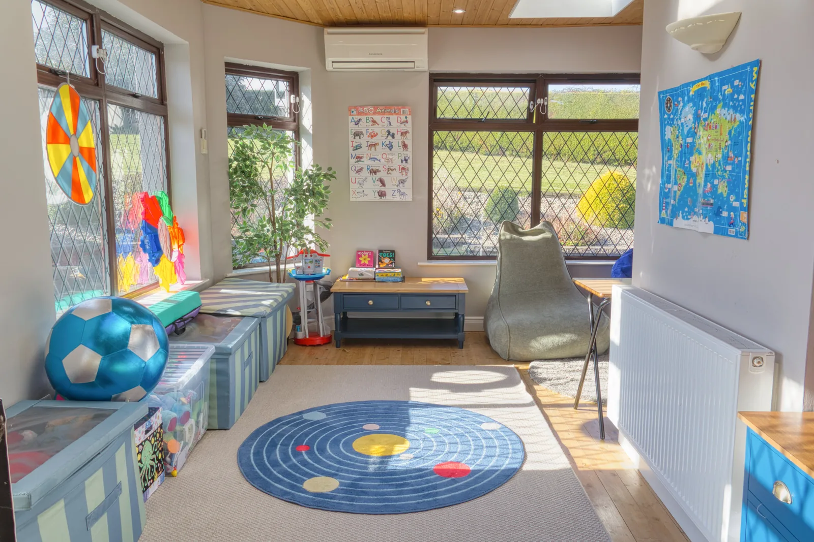 A bright sensory and activity room